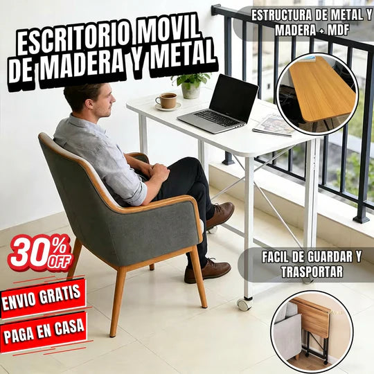 Escritorio Móvil Plegable Madera & Metal PREMIUM